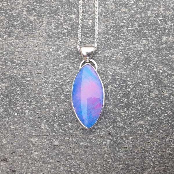 Blue/Pink Marquise Shaped Aurora Opal and Sterling Silver Pendant
