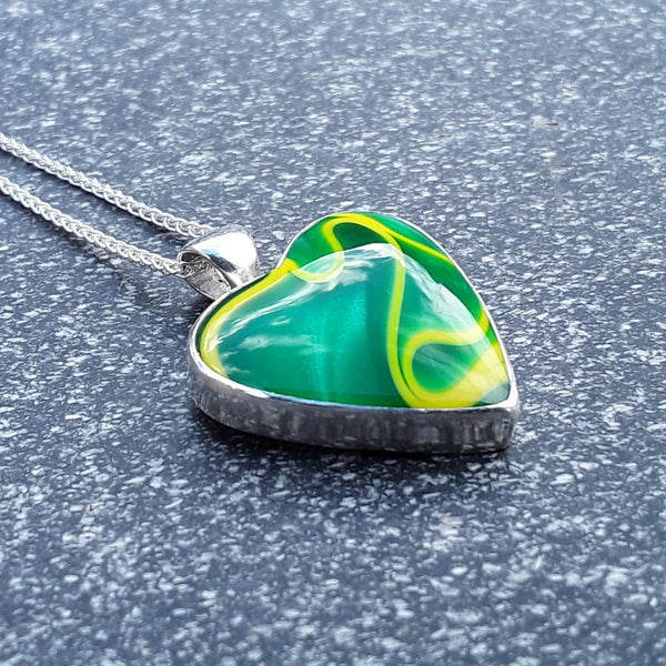 Green and Yellow Acrylic and Sterling Silver Heart Pendant