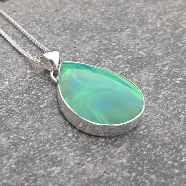 Green Aurora Opal and Sterling Silver Pendant