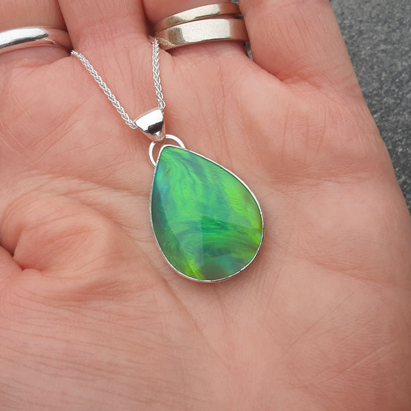 Green Aurora Opal and Sterling Silver Pendant