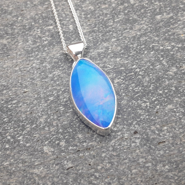 Blue/Pink Marquise Shaped Aurora Opal and Sterling Silver Pendant