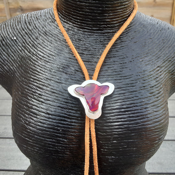 Red/Purple Aurora Opal Cow Bolo Tie