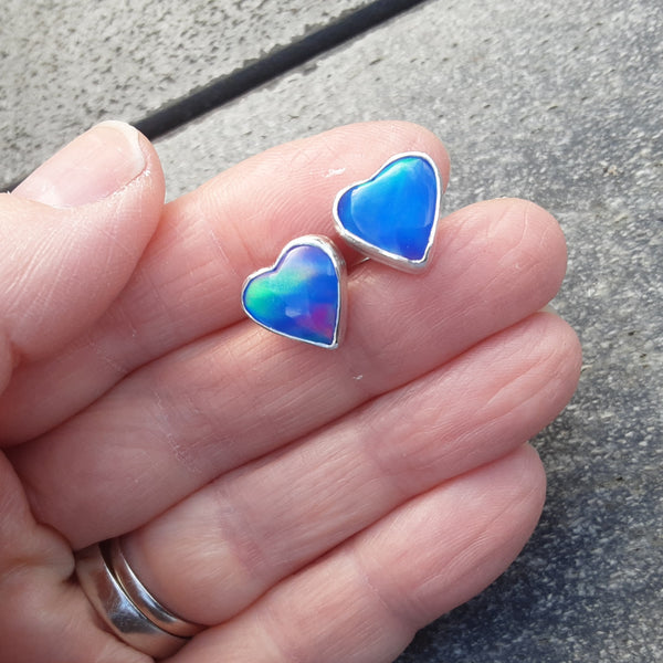 Blue Heart Aurora Opal Stud Earrings